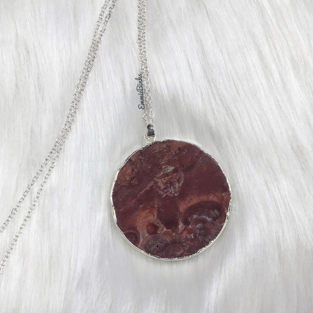 New 925 Sterling Silver Red Mexican Happy Lace Agate Slice Pendant Necklace - Picture 9 of 14